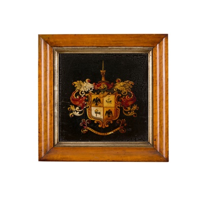 Lot 35 - FOUR SMALL PAINTED WOOD ARMORIAL COACH PANELS