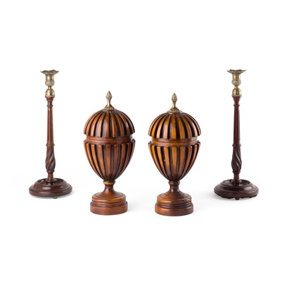 Lot 65 - PAIR OF CARVED MAHOGANY REEDED JARS AND COVERS