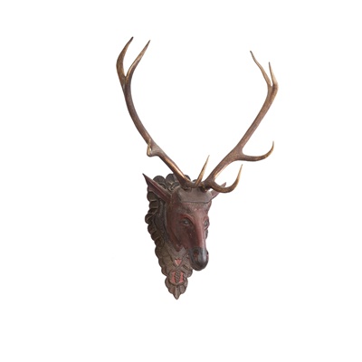 Lot 399 - LARGE CARVED AND PAINTED WOOD STAG’S HEAD