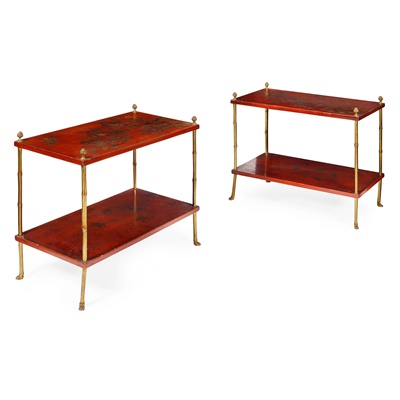 Lot 490 - PAIR OF BRASS FRAMED RED LACQUER ÉTAGÈRES