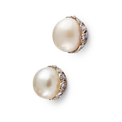 Lot 82 - A pair of natural pearl and diamond set earrings