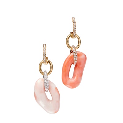 Lot 88 - A pair of diamond and coral set pendant earrings