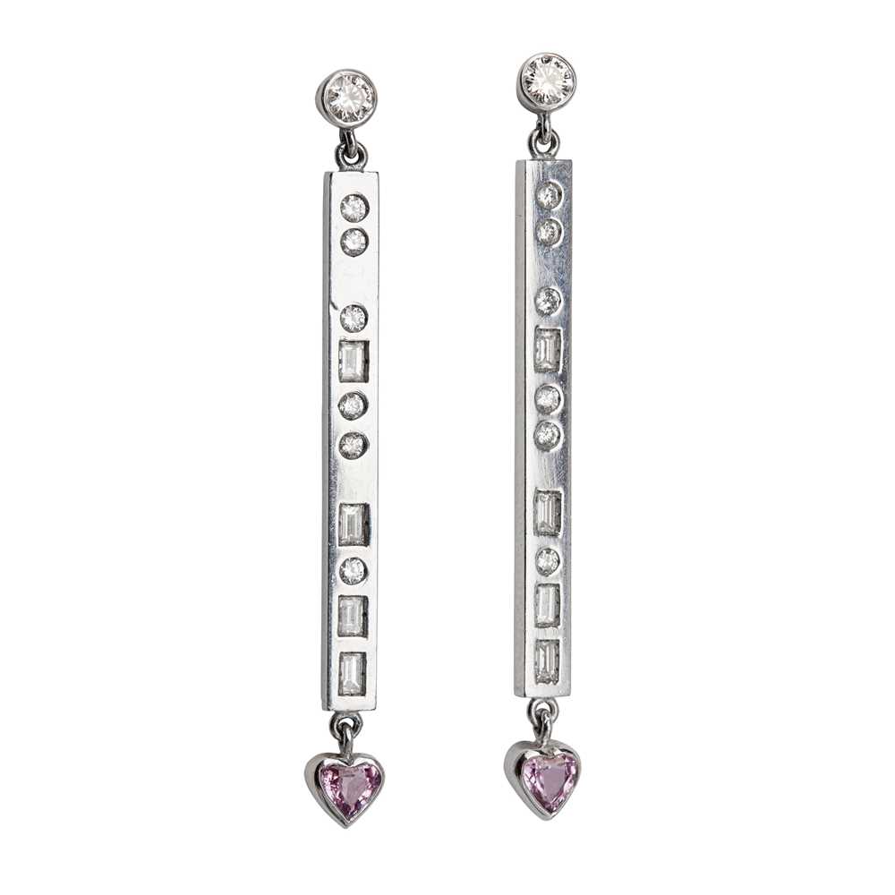 Lot 26 - A pair of diamond and pink sapphire 'Morse Collection' earrings, Eric N Smith