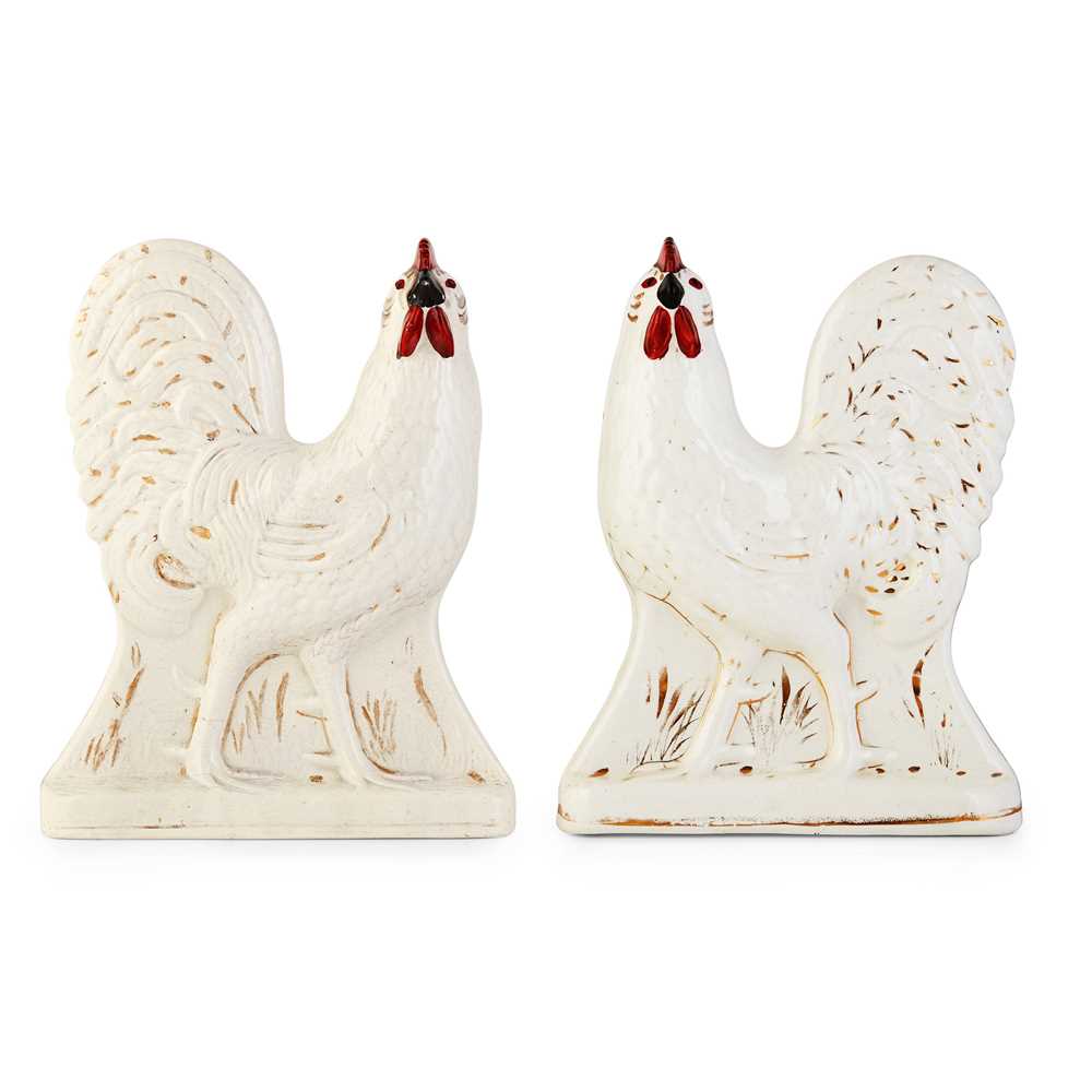 Lot 28 - A MATCHED PAIR OF FIFE POTTERY COCKEREL MANTLE FIGURES