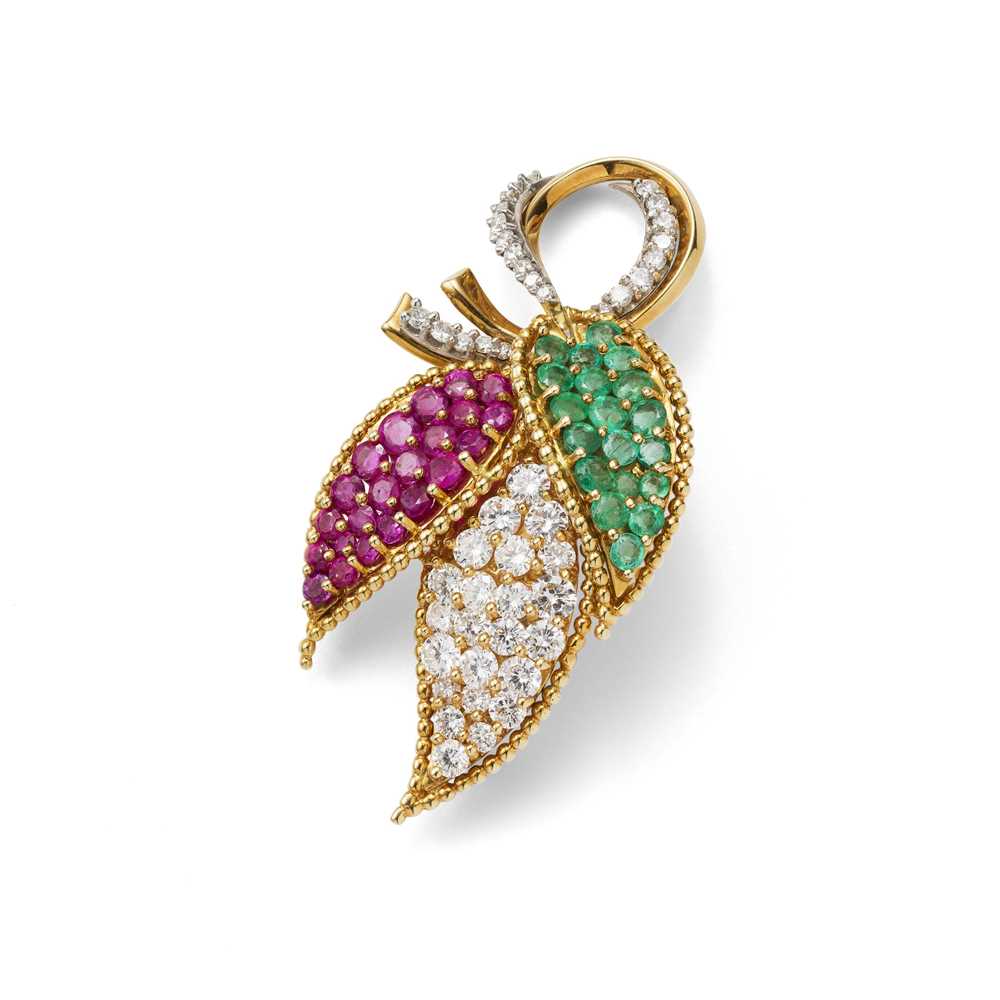 Lot 76 - A ruby, emerald and diamond brooch, by Kutchinsky, 1961