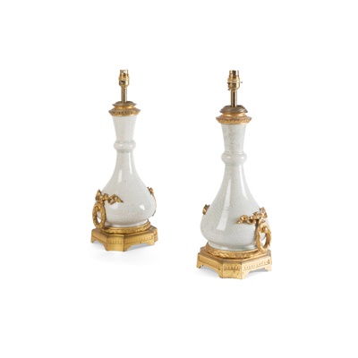 Lot 503 - PAIR OF CHINESE CRACKLE GLAZE PORCELAIN AND GILT BRONZE MOUNTED TABLE LAMPS