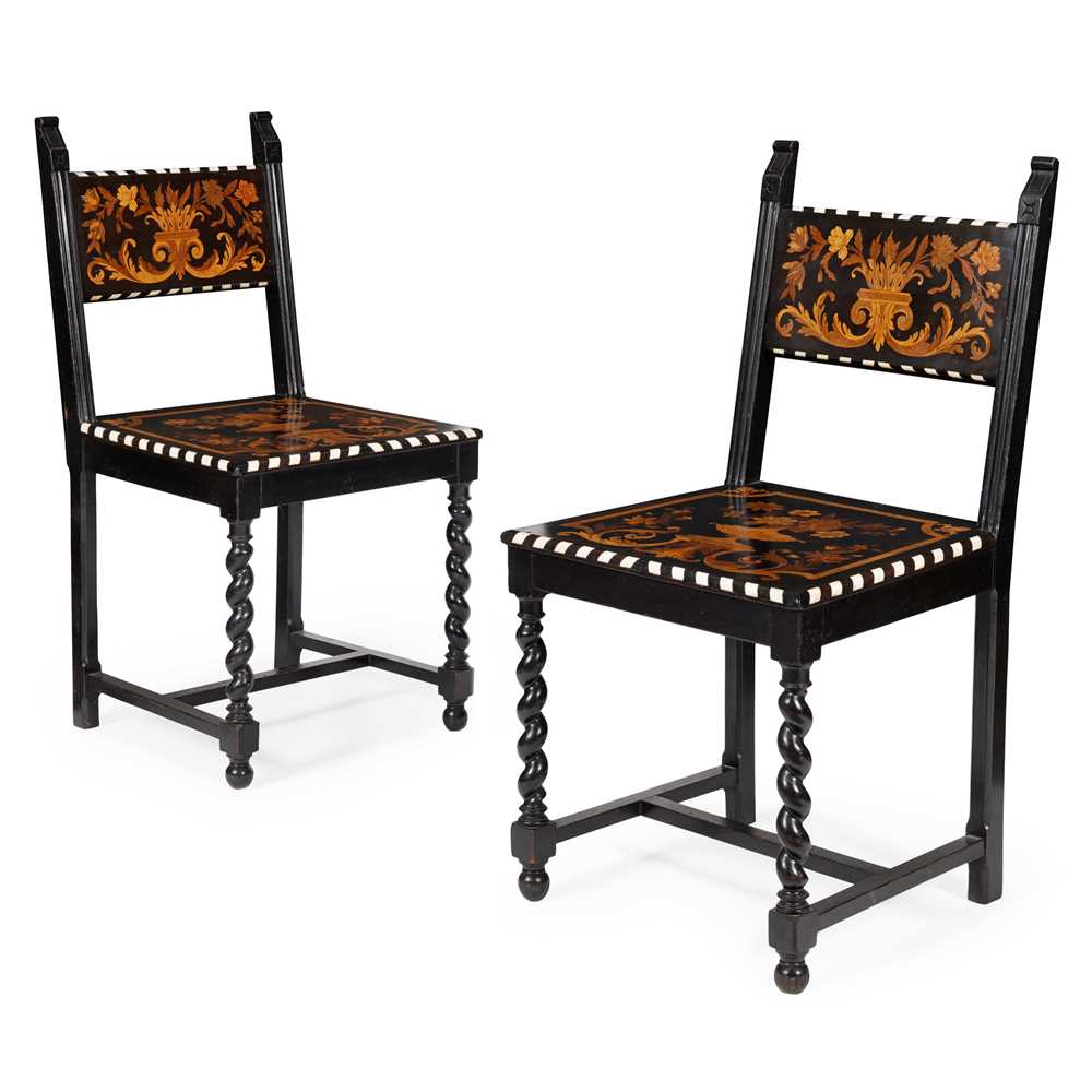 Lot 457 - PAIR OF ITALIAN MARQUETRY EBONY AND IVORY SIDE CHAIRS