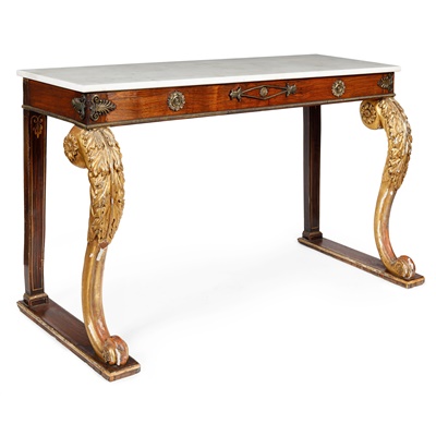 Lot 443 - REGENCY MARBLE TOPPED ROSEWOOD, GRAIN-PAINTED, GILT WOOD AND BRASS MOUNTED CONSOLE TABLE