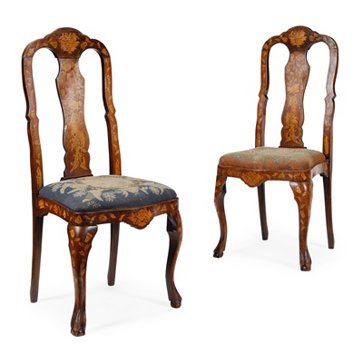 Lot 538 - PAIR DUTCH WALNUT  MARQUETRY SIDE CHAIRS