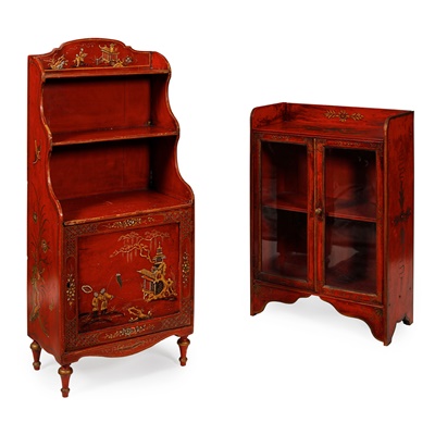 Lot 597 - RED JAPANNED WOOD WATERFALL BOOKCASE CABINET