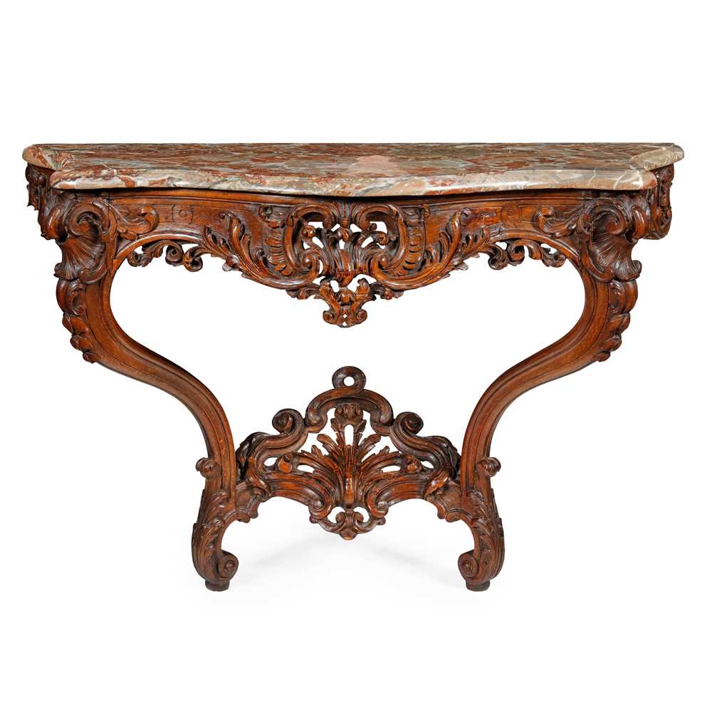 Lot 535 - CONTINENTAL MARBLE TOPPED CARVED WALNUT  CONSOLE TABLE