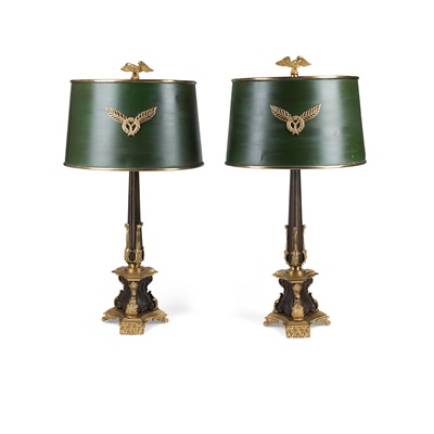 Lot 390 - PAIR OF FRENCH PATINATED AND GILT BRONZE TABLE LAMPS