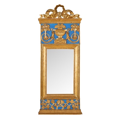 Lot 366 - SWEDISH NEO-CLASSICAL GILT AND BLUE PAINTED WOOD  PIER MIRROR