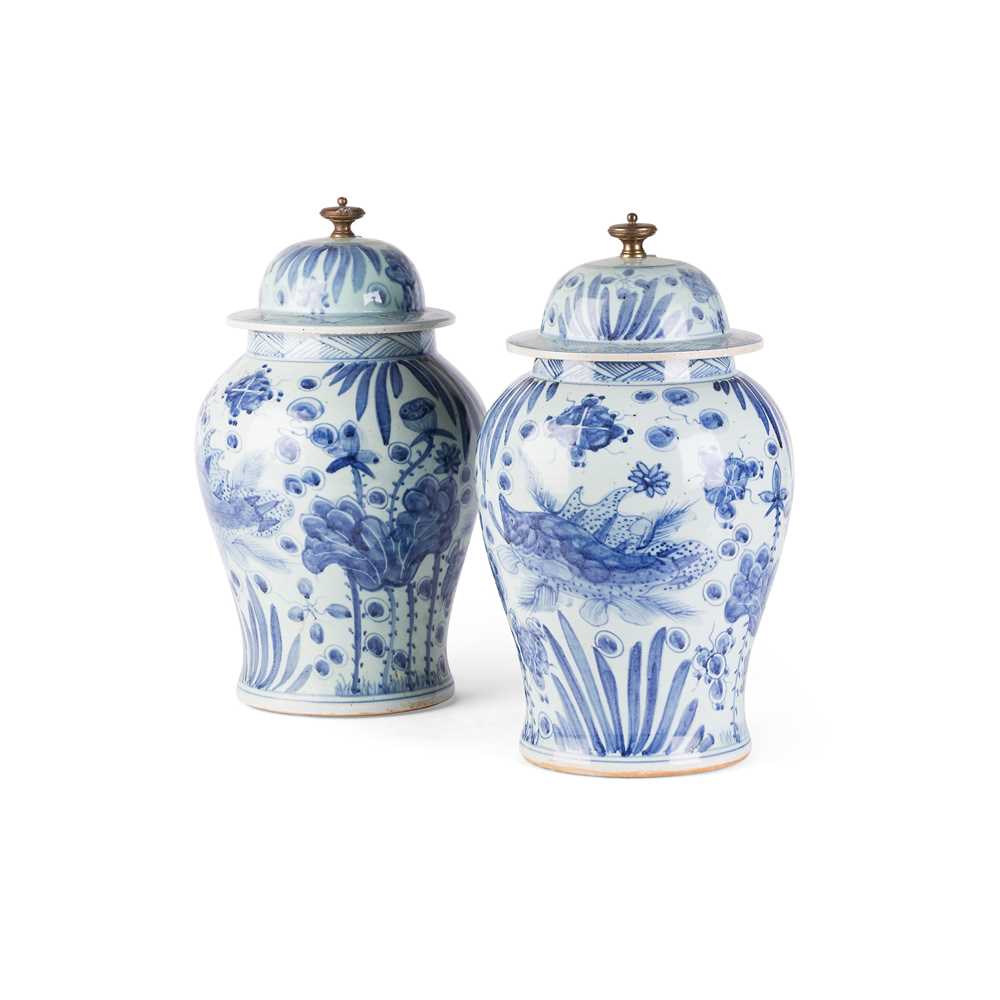 Lot 377 - PAIR OF CHINESE BLUE AND WHITE PORCELAIN BALUSTER VASES AND COVERS