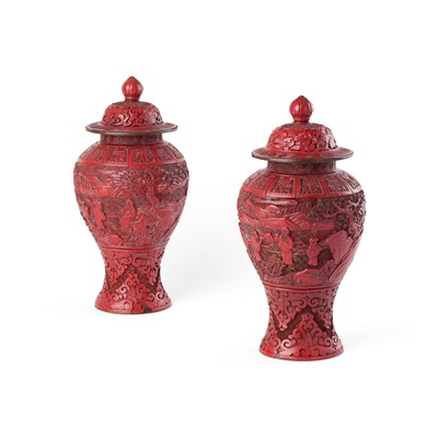 Lot 192 - PAIR OF CHINESE CINNABAR LACQUER JARS AND COVERS