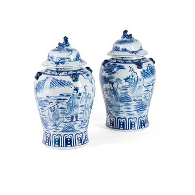 Lot 527 - PAIR OF LARGE CHINESE BLUE AND WHITE PORCELAIN COVERED JARS