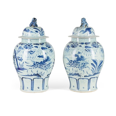 Lot 527 - PAIR OF LARGE CHINESE BLUE AND WHITE PORCELAIN COVERED JARS