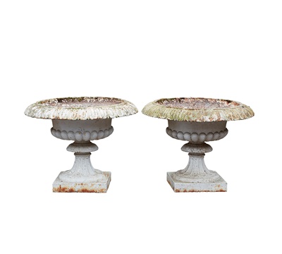 Lot 631 - PAIR OF WHITE PAINTED CAST IRON URNS AND STANDS