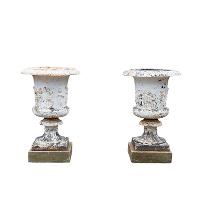 Lot 629 - PAIR OF WHITE PAINTED CAST IRON URNS