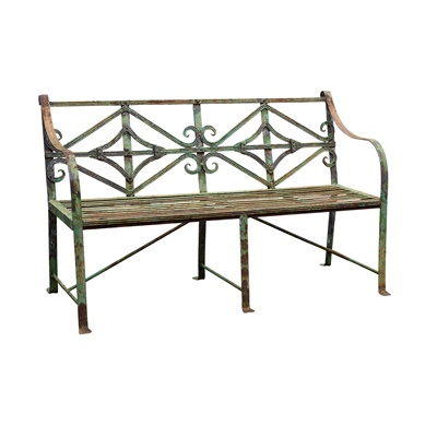 Lot 622 - LATE REGENCY GREEN PAINTED WROUGHT IRON BENCH