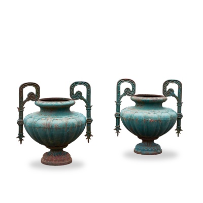 Lot 630 - PAIR OF FRENCH GREEN PAINTED CAST IRON URNS