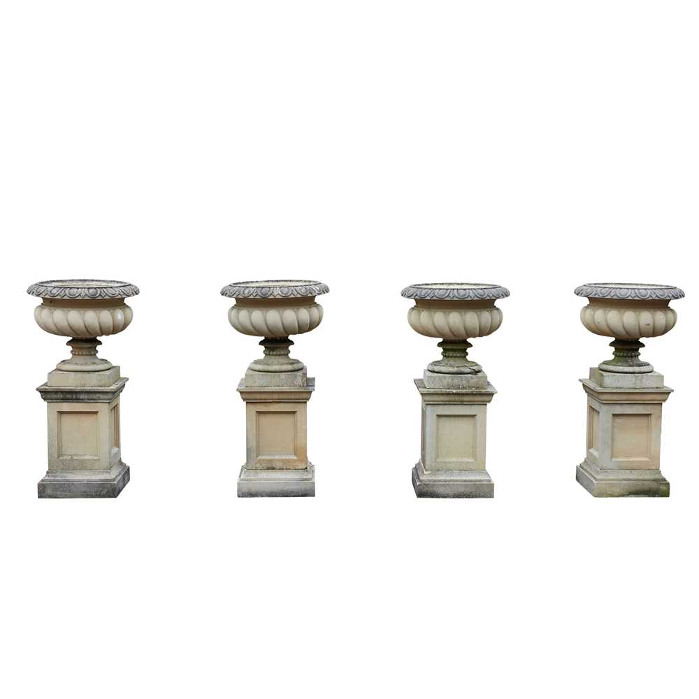 Lot 637 - SET OF FOUR HADDONSTONE URNS AND STANDS