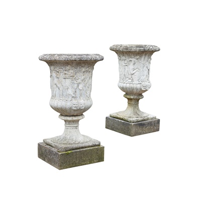 Lot 624 - PAIR OF WHITE PAINTED COMPOSITION STONE RELIEF MOULDED URNS AND STANDS