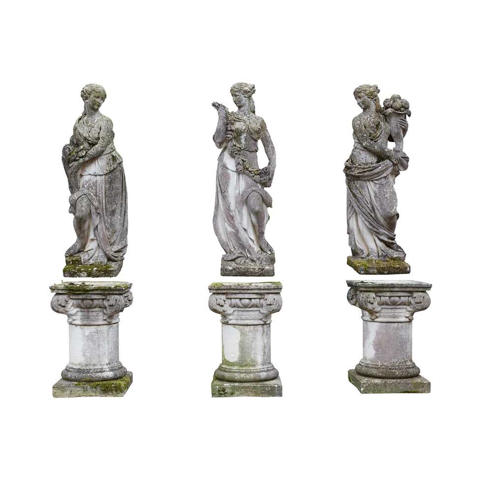 Lot 620 - THREE COMPOSITION STONE FIGURES OF THE SEASONS AND PEDESTALS
