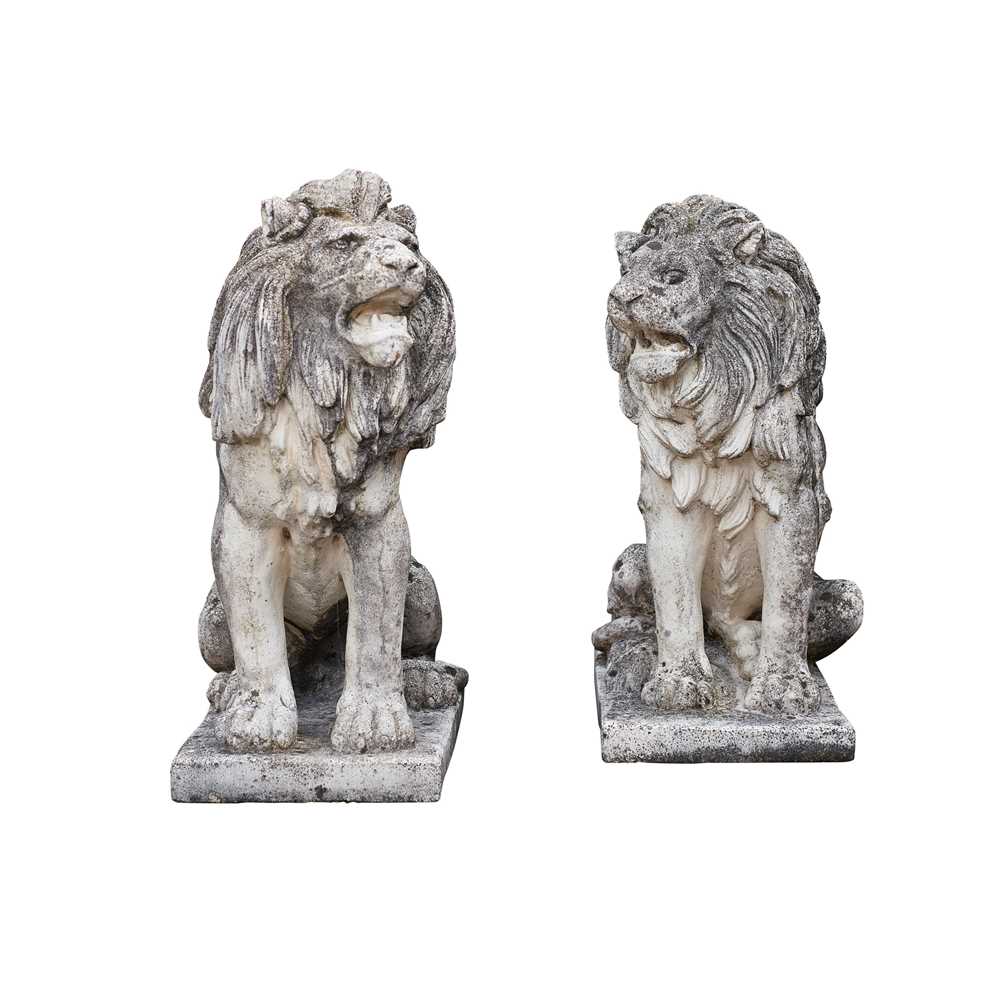 Lot 623 - PAIR OF COMPOSITION STONE LIONS