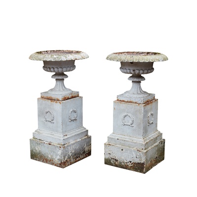 Lot 638 - PAIR OF WHITE PAINTED CAST IRON URNS AND STANDS