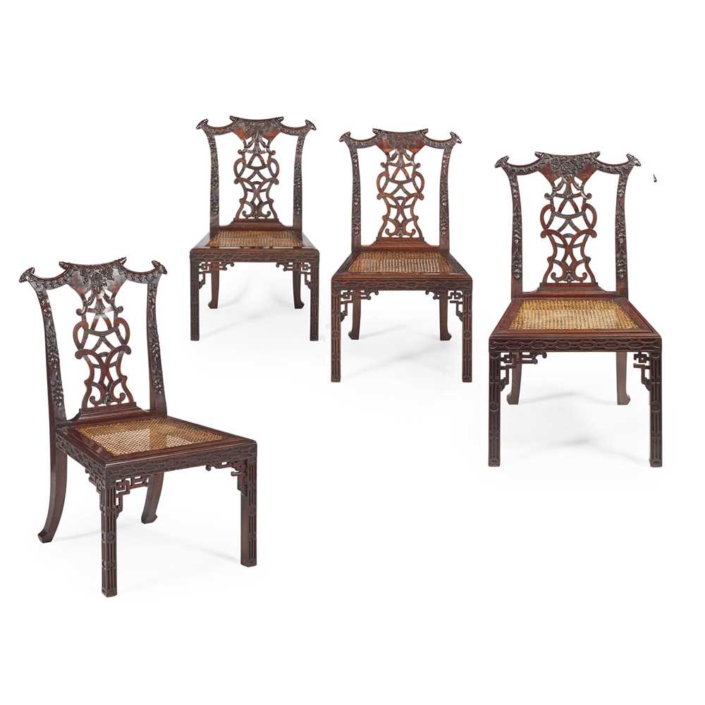 Lot 44 - SET OF FOUR CHINESE EXPORT PADOUK 'CHIPPENDALE' SIDE CHAIRS