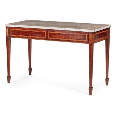 Lot 116 - GEORGE III MAHOGANY AND SATINWOOD MARBLE TOPPED TABLE