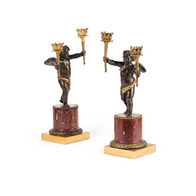 Lot 151 - AFTER CLOIDON, PAIR OF FRENCH GILT AND PATINATED BRONZE AND MARBLE FIGURAL CANDELABRA