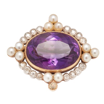 Lot 98 - An amethyst, diamond and pearl set brooch