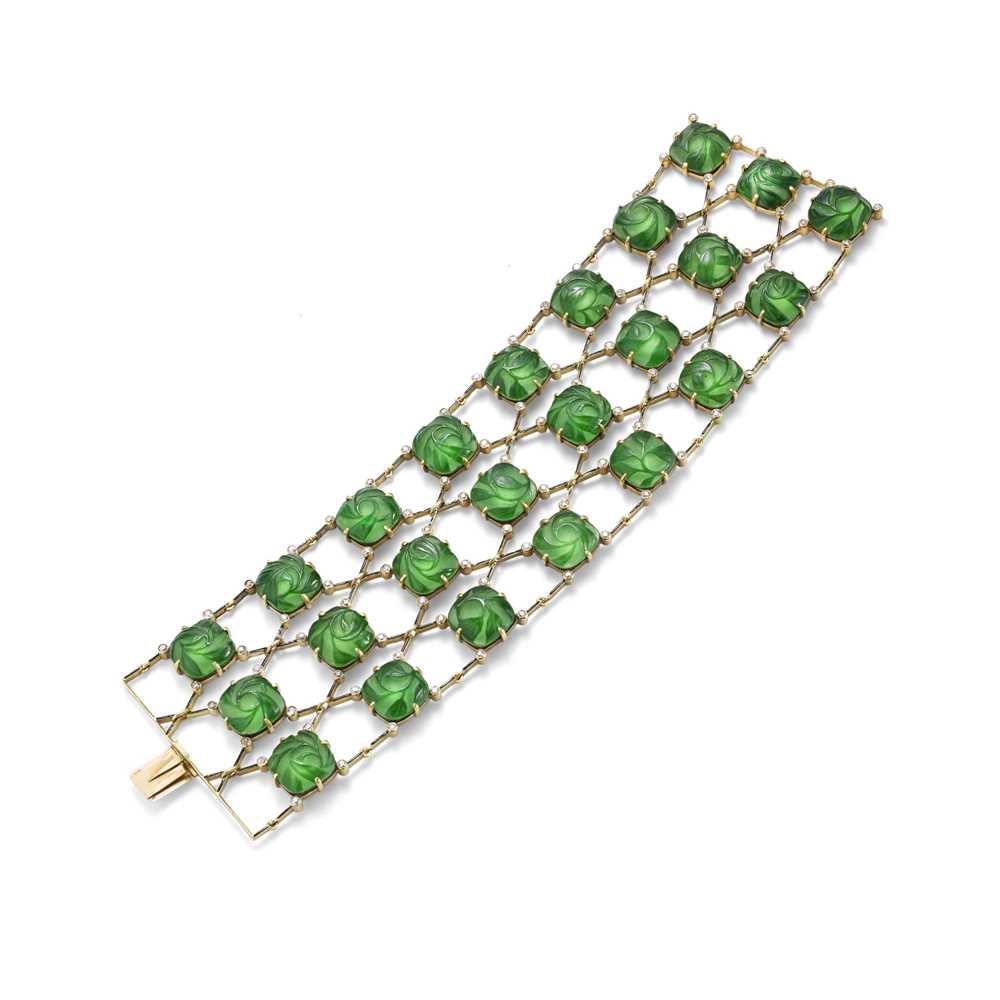 Lot 7 - A glass, enamel and diamond bracelet, brooch and earring suite, by Lalique, circa 1905-10