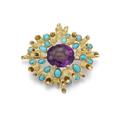 Lot 68 - An amethyst and turquoise brooch, by John Donald, 1965