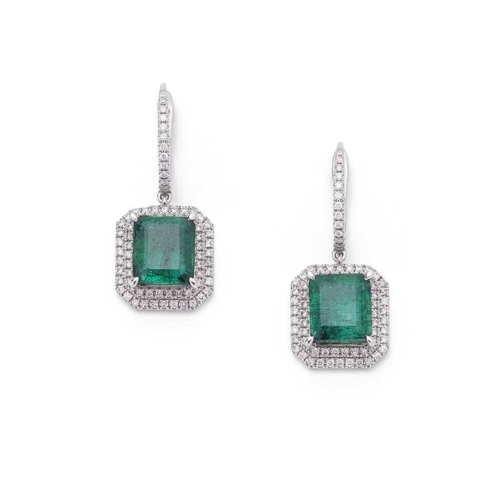 Lot 84 - A pair of emerald and diamond earrings