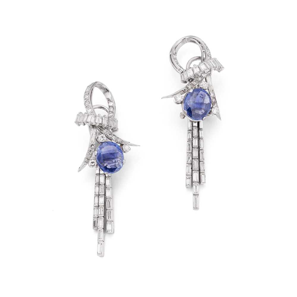 Lot 60 - A pair of sapphire and diamond pendant earrings