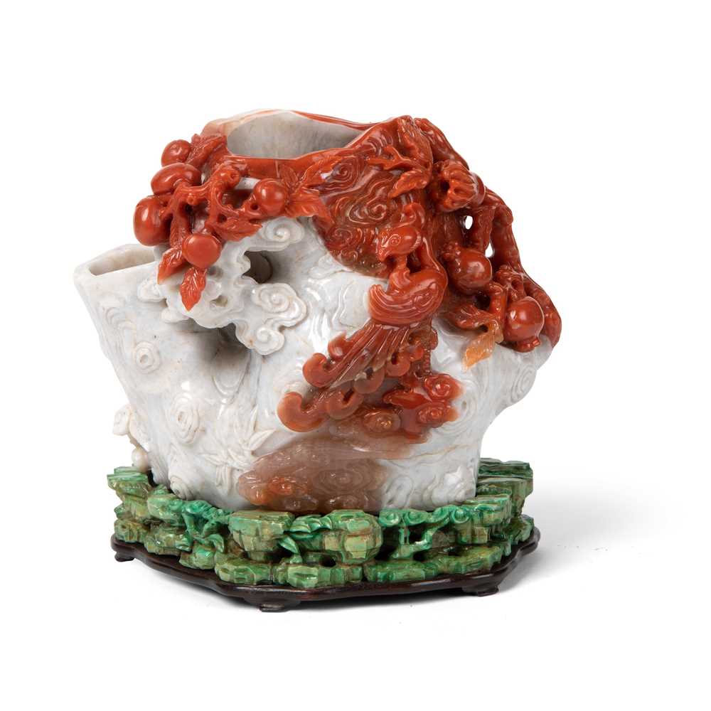Lot 65 - RED AND WHITE CARNELIAN AGATE 'TREE TRUNK' VASE
