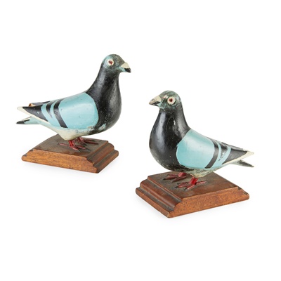 Lot 9 - TWO CARVED AND PAINTED WOOD FIGURES OF HOMING PIGEONS