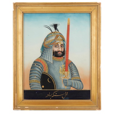 Lot 286 - INDIAN REVERSE GLASS PAINTING DEPICTING A WARRIOR