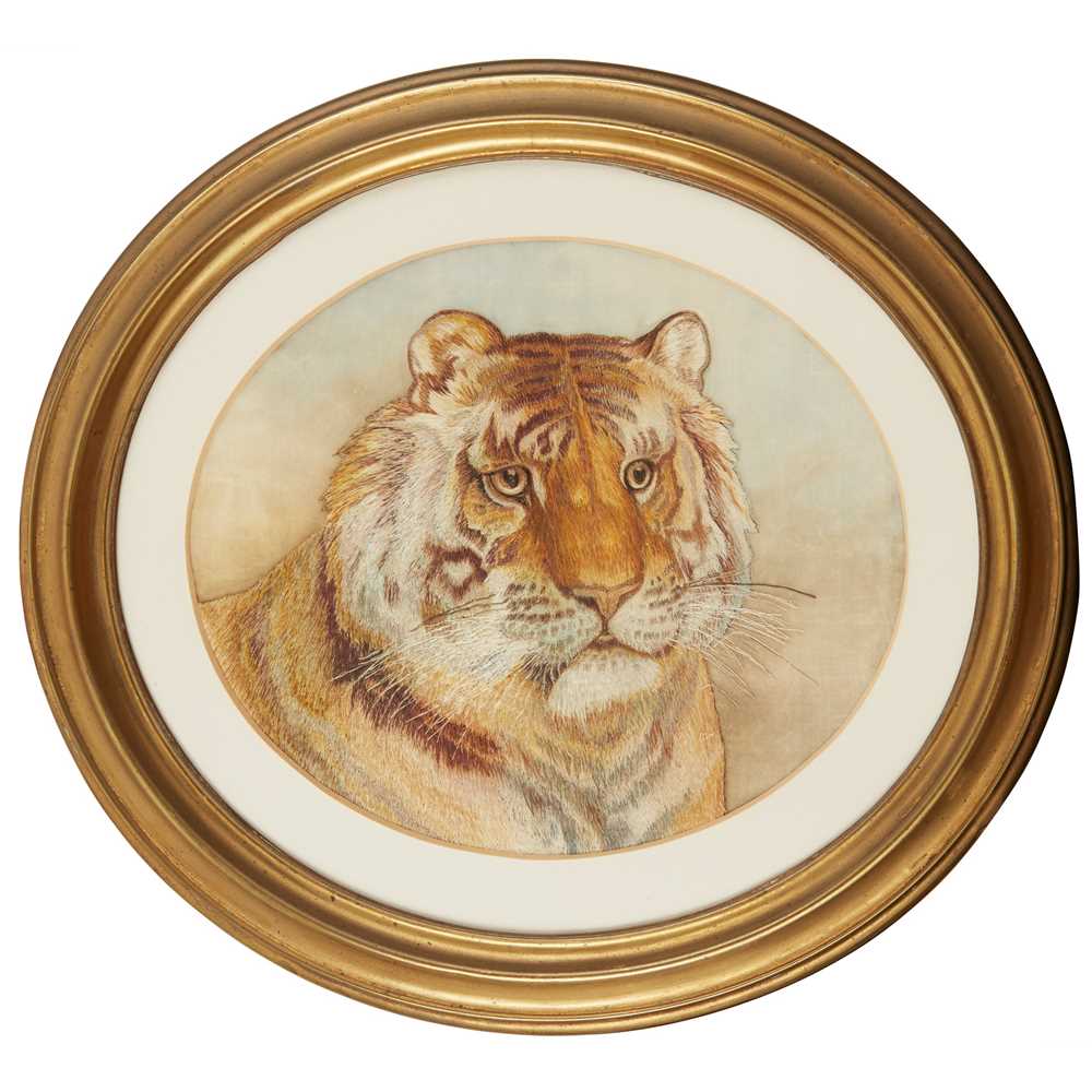 Lot 45 - SILK EMBROIDERED PICTURE OF A TIGER'S HEAD
