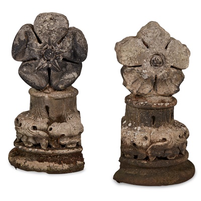 Lot 83 - PAIR OF CARVED STONE ROSE-DECORATED FINIALS