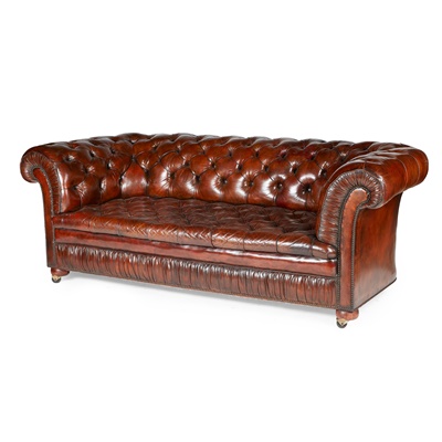 Lot 443 - EDWARDIAN LEATHER-UPHOLSTERED CHESTERFIELD SOFA