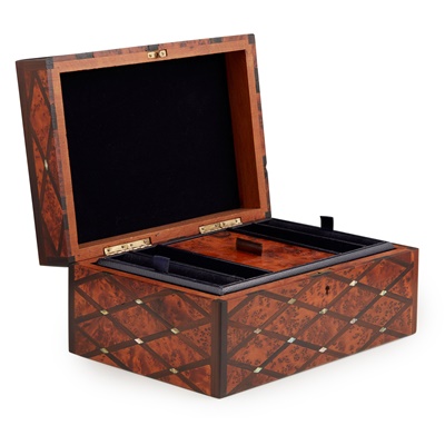 Lot 380 - AMBOYNA, ROSEWOOD AND MOTHER-OF-PEARL INLAID JEWELLERY BOX
