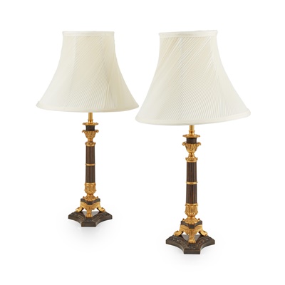 Lot 317 - PAIR OF REGENCY GILT AND PATINATED METAL LAMPS