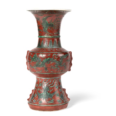 Lot 147 - RED-ENAMELLED GREEN-DECORATED 'GU' VASE