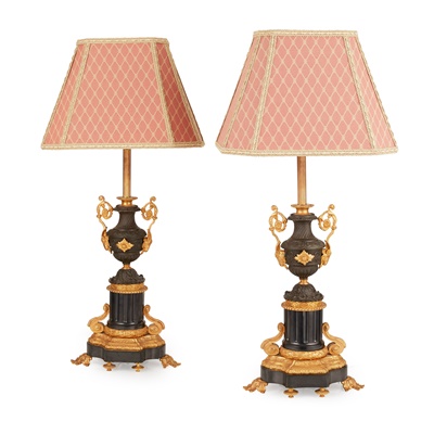 Lot 482 - PAIR OF LOUIS XIV STYLE BLACK MARBLE, GILT AND PATINATED METAL LAMPS