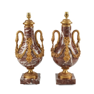 Lot 477 - PAIR OF LOUIS XVI STYLE ROUGE MARBLE AND GILT METAL MOUNTED LAMPS