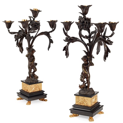 Lot 494 - PAIR OF FRENCH BRONZE FIGURAL CANDELABRA